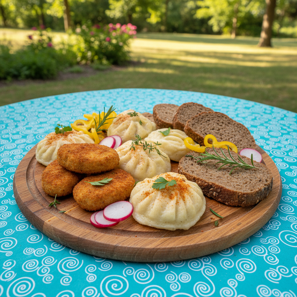 An artfully arranged wooden serving board displaying a colorful assortment of homemade soul food: golden, crispy croquettes, fluffy dumplings, and thick slices of hearty, seeded bread. Each food item displays natural textures and rich colors, accented by small sprigs of fresh herbs and sliced regional vegetables. The board rests on a turquoise patterned tablecloth atop a rounded picnic table set in an outdoor park, with blurred green trees in the background. Soft diffused afternoon sunlight gently illuminates the board, highlighting the food’s appetizing glisten. Captured from overhead at bird's eye view, the composition feels bright, inviting, and playful, celebrating wholesome, regional ingredients.